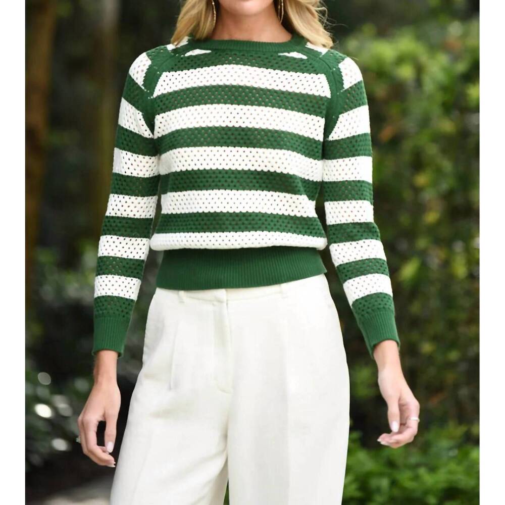 NEW THE BLUE COLLECTION striped crewneck sweater in green/white
